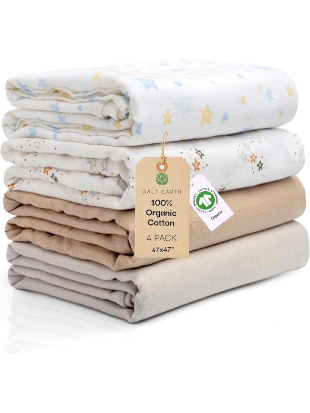 4 Pack Organic Cotton Swaddle Blankets - Soft, Breathable, Eco-Friendly, 47"x47